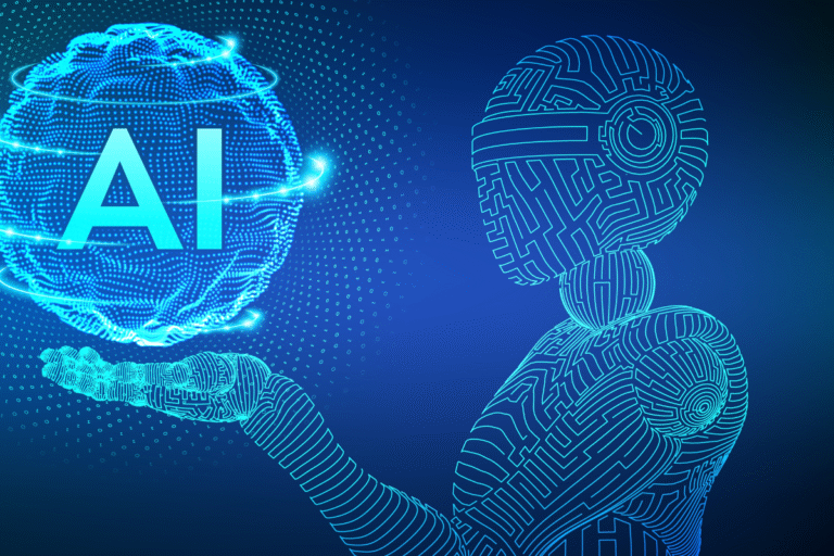 Artificial intelligence concept with robot holding AI sphere, symbolizing digital lending and fintech innovations