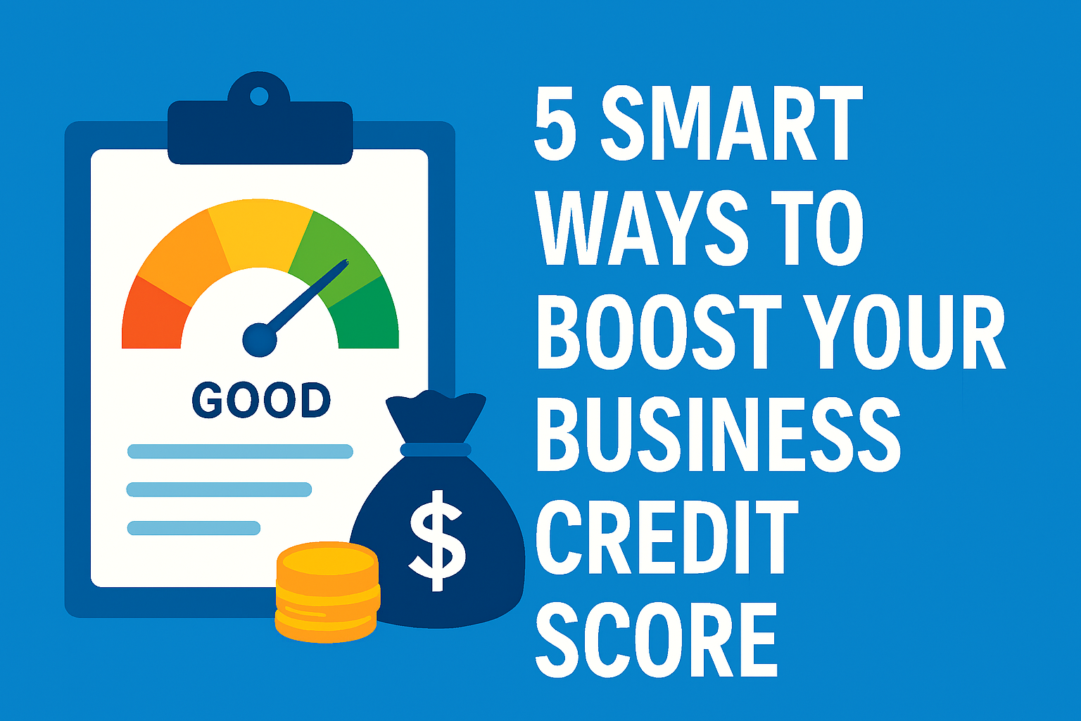 Illustration of business credit score gauge, money bag, and coins