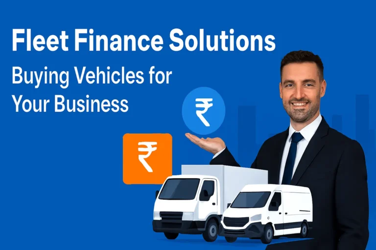 Fleet finance solutions for businesses showing commercial vehicles and a financial advisor helping with vehicle loans.